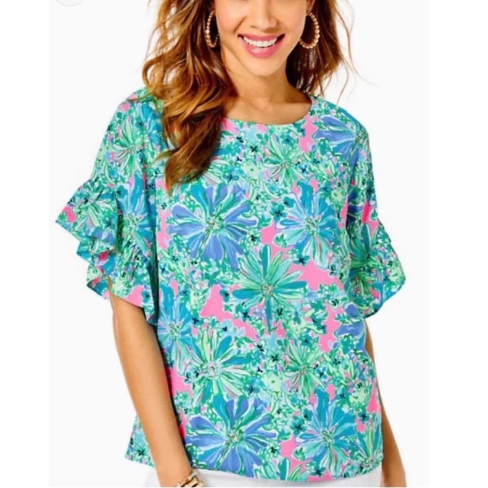 Lilly Pulitzer Darla Top Floral Ruffle Sleeve Blue Pink Green Resortwear XL